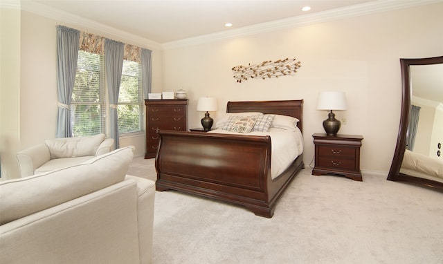 carpeted bedroom featuring ornamental molding