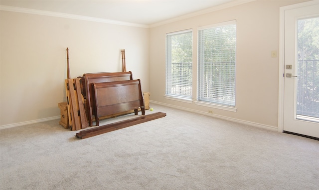 misc room with ornamental molding, light colored carpet, and plenty of natural light