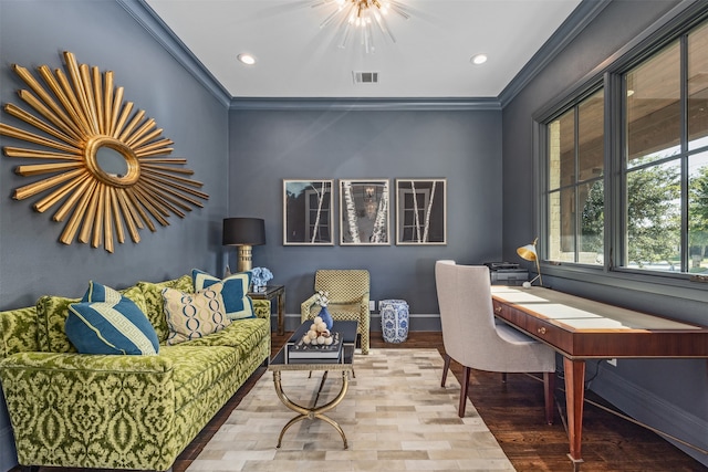 office with crown molding and wood-type flooring