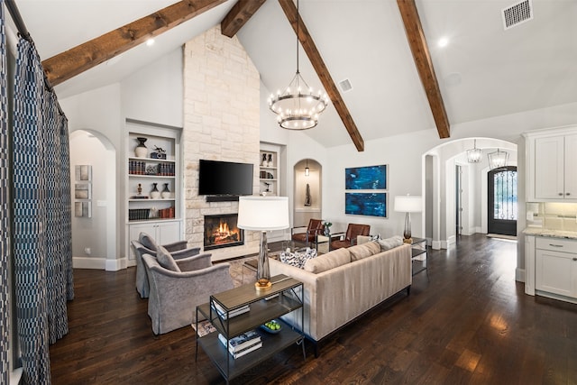 living room with beam ceiling, high vaulted ceiling, dark hardwood / wood-style floors, a fireplace, and built in features