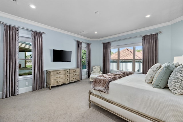 bedroom featuring crown molding and carpet flooring