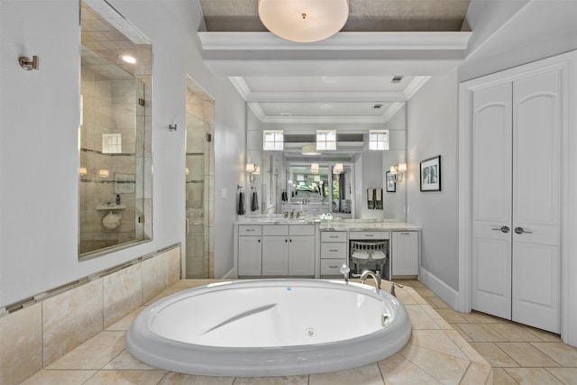 bathroom with vanity, crown molding, and shower with separate bathtub