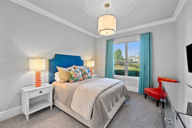 bedroom featuring ornamental molding and light colored carpet