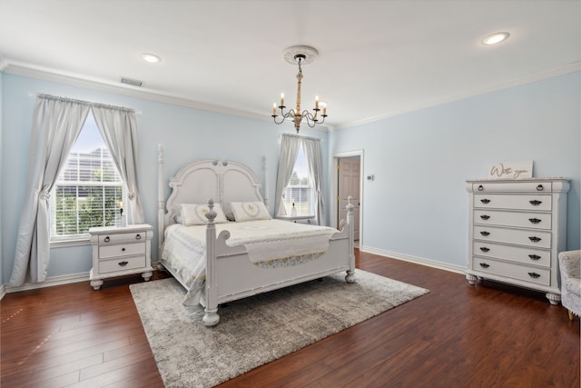 bedroom featuring crown molding, a chandelier, and dark hardwood / wood-style flooring