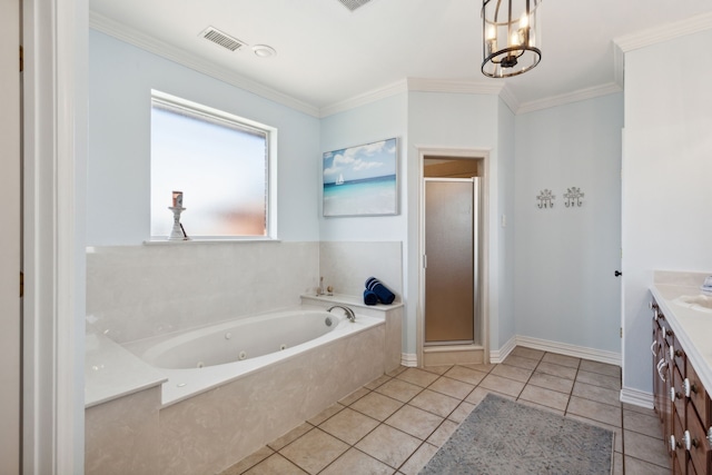 bathroom with tile patterned flooring, independent shower and bath, vanity, crown molding, and a chandelier