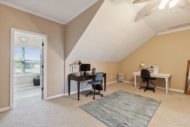 carpeted office space with crown molding, vaulted ceiling, and ceiling fan