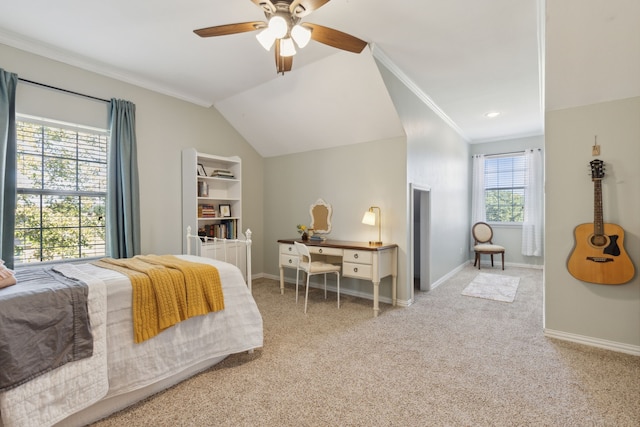 bedroom featuring ceiling fan, lofted ceiling, multiple windows, and light colored carpet