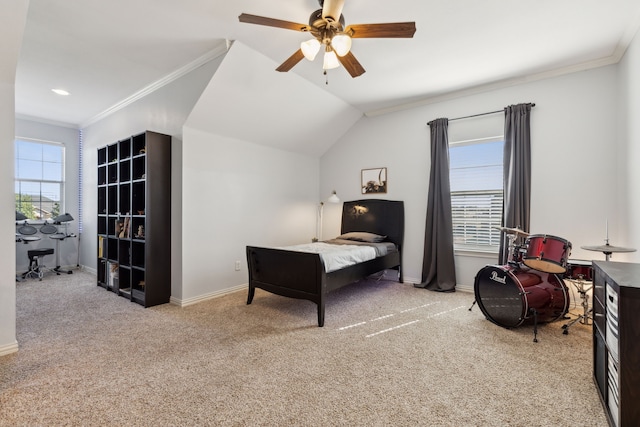 bedroom featuring crown molding, vaulted ceiling, light carpet, and ceiling fan