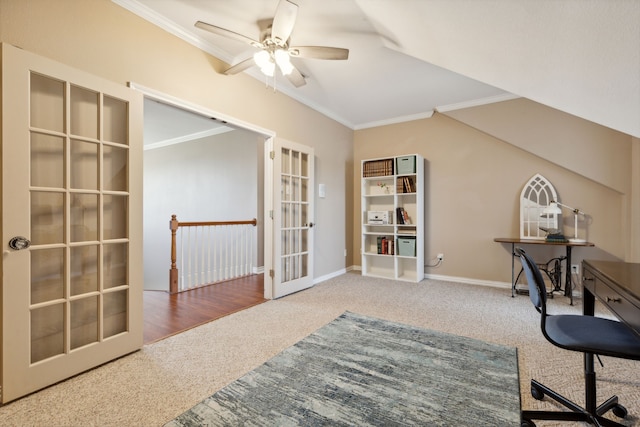 carpeted office with french doors, crown molding, and ceiling fan