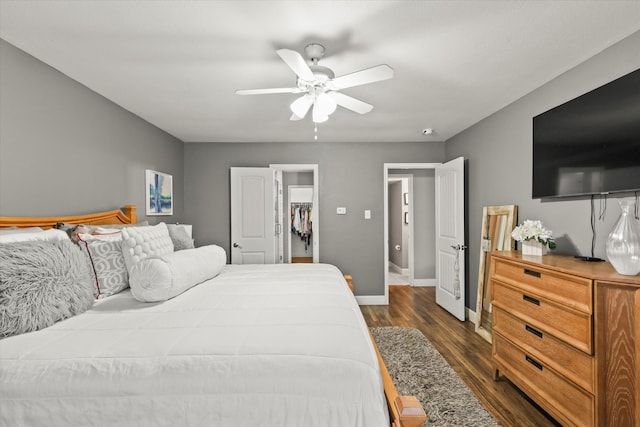 bedroom with a spacious closet, ceiling fan, dark wood-type flooring, and a closet