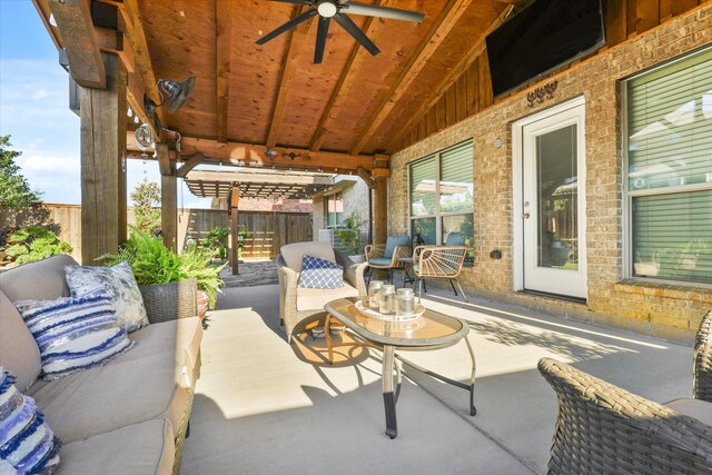 view of patio featuring ceiling fan and an outdoor hangout area