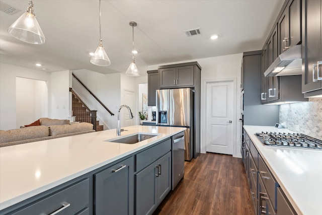 kitchen with exhaust hood, stainless steel appliances, sink, pendant lighting, and dark hardwood / wood-style flooring