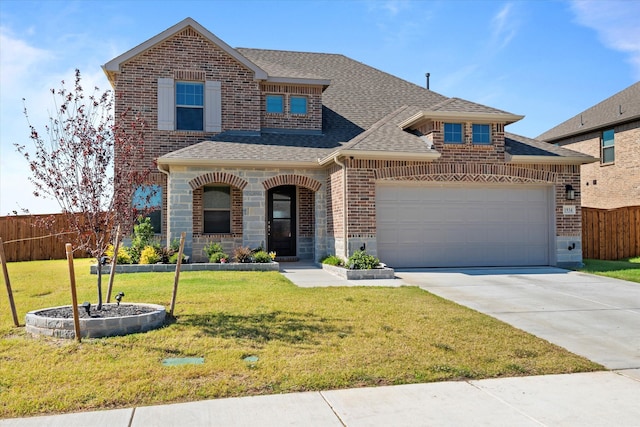 view of front of property with a front lawn and a garage