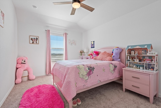 bedroom featuring ceiling fan, light carpet, and lofted ceiling