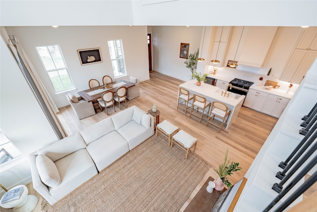 living room with light hardwood / wood-style flooring and high vaulted ceiling