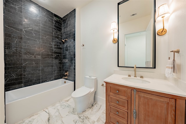 full bathroom with vanity, tiled shower / bath combo, and toilet