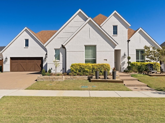 view of front facade featuring a garage and a front lawn