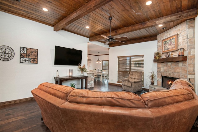 living room featuring a fireplace, dark hardwood / wood-style flooring, beamed ceiling, and wood ceiling