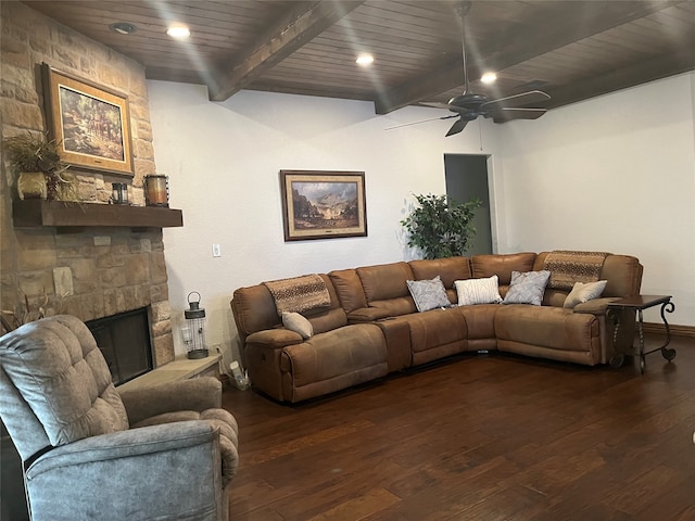 living room featuring ceiling fan, beam ceiling, wood ceiling, and dark wood-type flooring