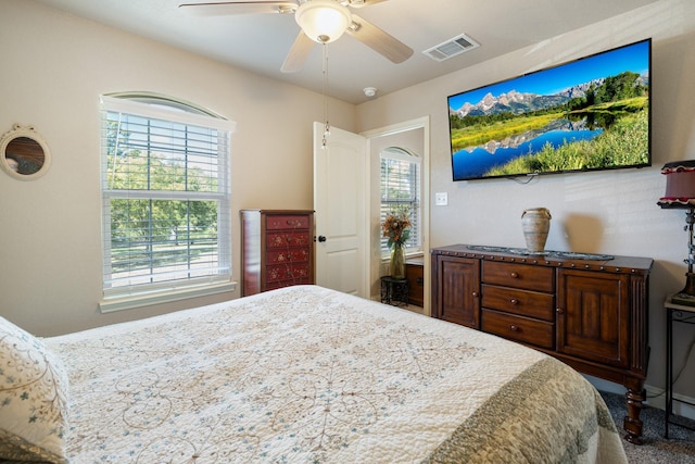 bedroom with multiple windows and ceiling fan