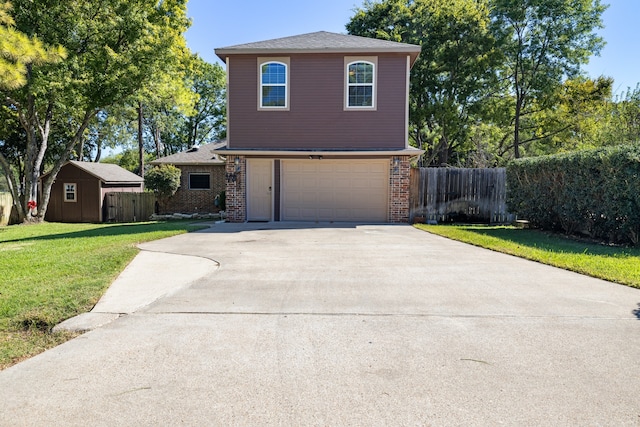 view of property with a shed, a garage, and a front yard