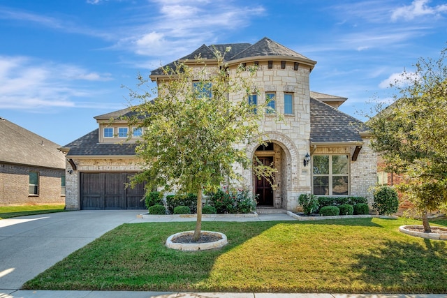 french country home with a front yard and a garage