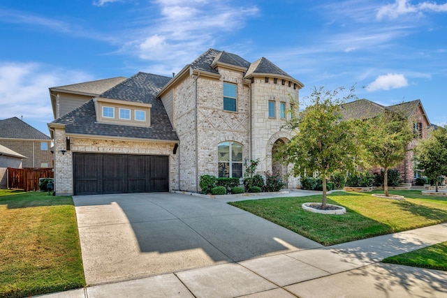 french country style house featuring a front lawn and a garage