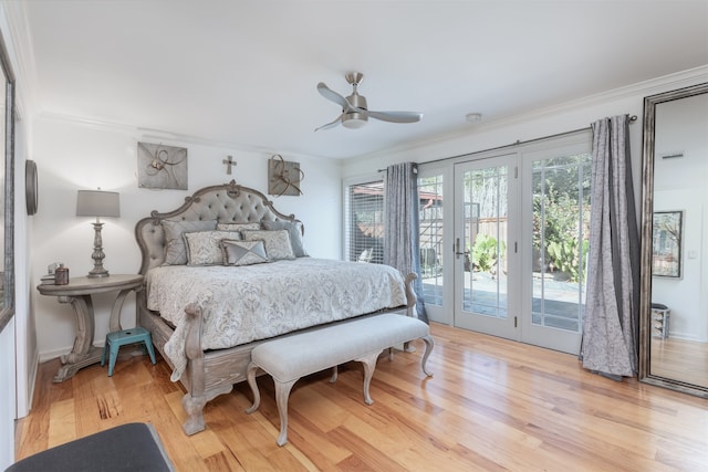 bedroom with light hardwood / wood-style flooring, access to outside, ornamental molding, and ceiling fan