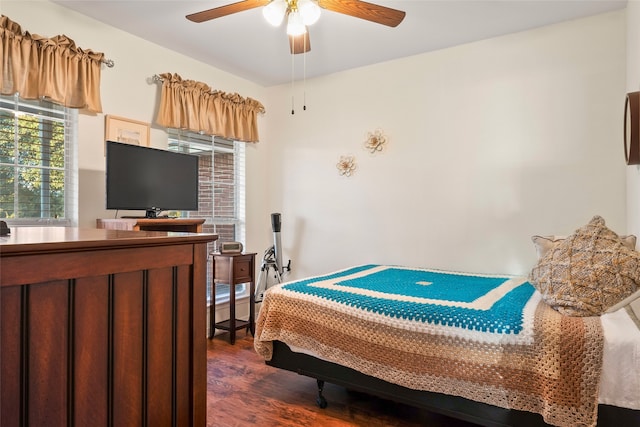 bedroom with dark hardwood / wood-style floors and ceiling fan