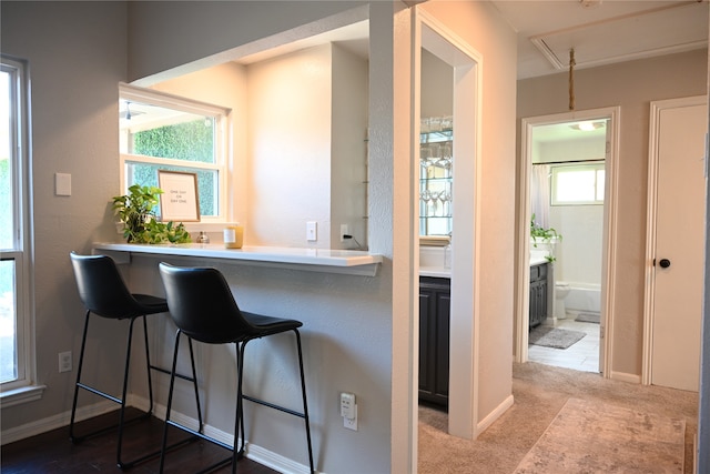 kitchen featuring light colored carpet, plenty of natural light, and a breakfast bar area