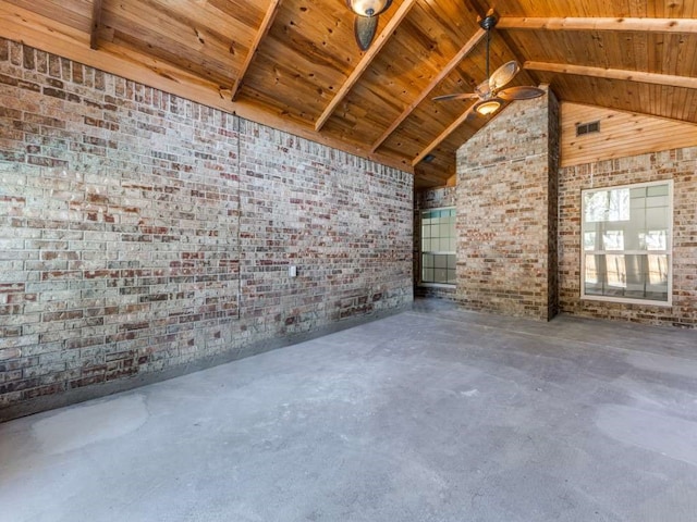 spare room featuring high vaulted ceiling, wooden ceiling, brick wall, and ceiling fan