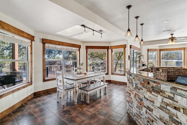 dining area with a skylight, a wealth of natural light, and track lighting