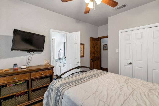 bedroom featuring a closet, ceiling fan, and ensuite bathroom