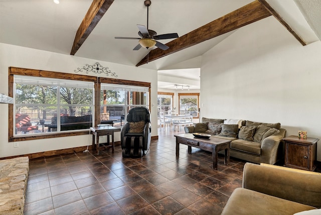 tiled living room featuring beamed ceiling, high vaulted ceiling, a healthy amount of sunlight, and ceiling fan