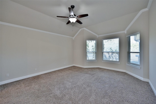 4095 Bridgecreek Dr, Rockwall, TX 75032 - empty room featuring carpet flooring, baseboards, lofted ceiling, ceiling fan, and crown molding