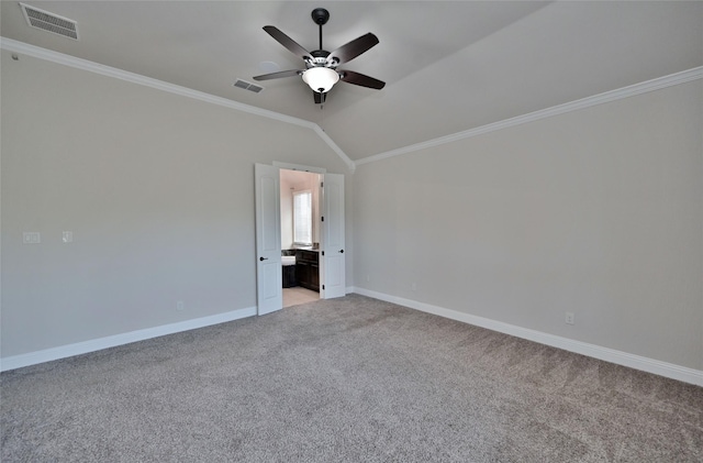 4095 Bridgecreek Dr, Rockwall, TX 75032 - spare room featuring visible vents, a ceiling fan, crown molding, baseboards, and light colored carpet