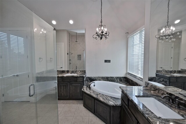 4095 Bridgecreek Dr, Rockwall, TX 75032 - full bath with a healthy amount of sunlight, a stall shower, a notable chandelier, and a sink