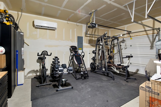 workout room featuring electric panel and a wall mounted air conditioner