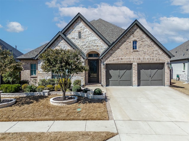 french country inspired facade featuring stone siding, brick siding, roof with shingles, and concrete driveway