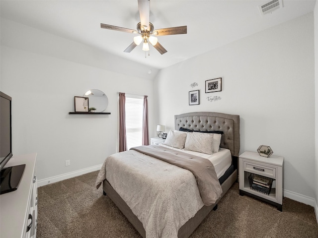 bedroom featuring a ceiling fan, baseboards, visible vents, carpet floors, and vaulted ceiling