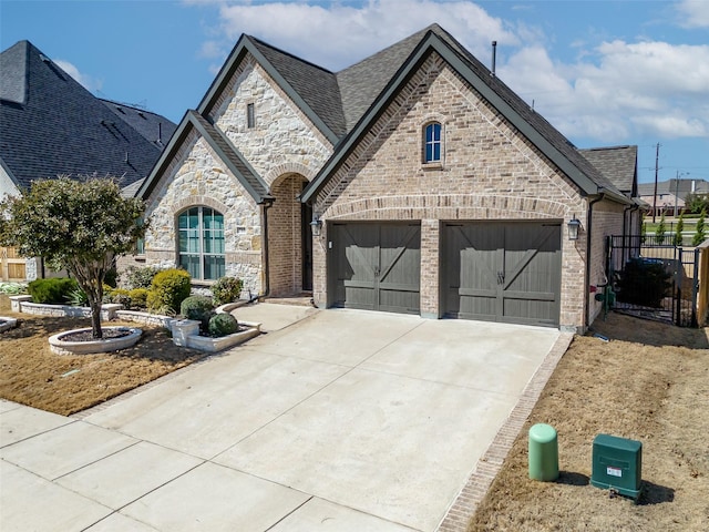 french country home featuring stone siding, brick siding, driveway, and roof with shingles