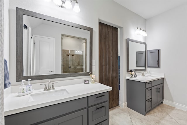 bathroom featuring tile patterned floors, walk in shower, and vanity