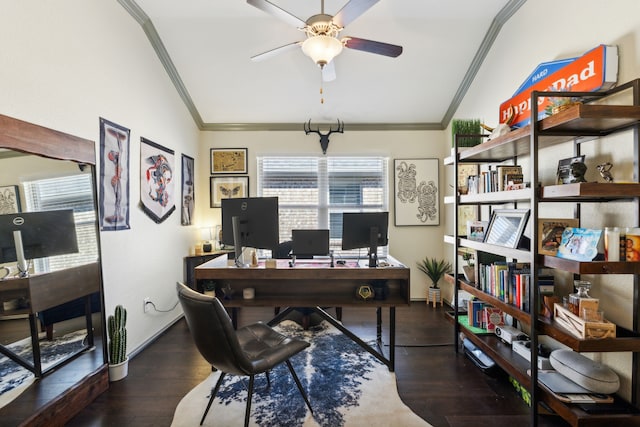 office featuring dark hardwood / wood-style flooring, crown molding, plenty of natural light, and lofted ceiling