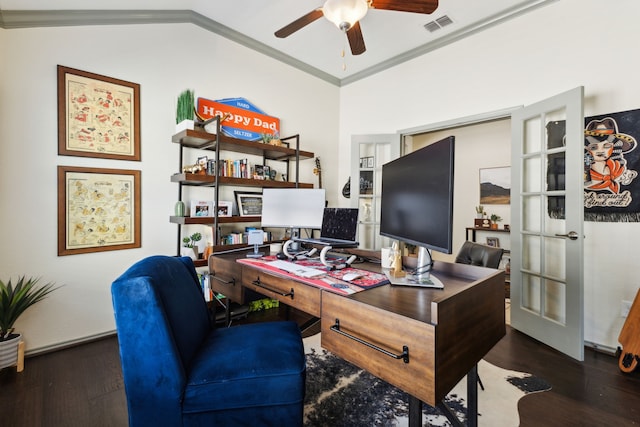 office area featuring ceiling fan, french doors, dark wood-type flooring, vaulted ceiling, and ornamental molding