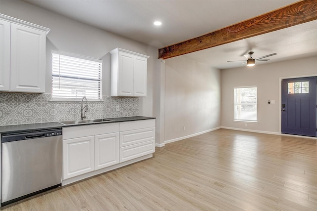 716 SE 7th Ave, Mineral Wells, TX 76067 - kitchen featuring stainless steel dishwasher, a sink, decorative backsplash, a ceiling fan, and dark countertops