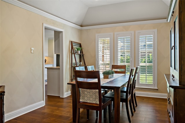 dining area with vaulted ceiling, plenty of natural light, and dark hardwood / wood-style flooring