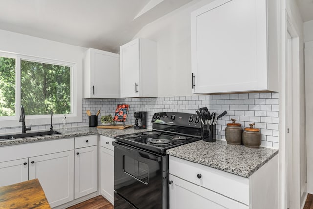 110 Fawn Trl, Mabank, TX 75156 - kitchen featuring black electric range, a sink, white cabinetry, tasteful backsplash, and light stone countertops