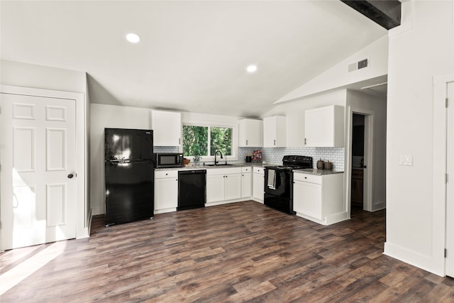 kitchen featuring black appliances, sink, white cabinets, decorative backsplash, and dark hardwood / wood-style floors