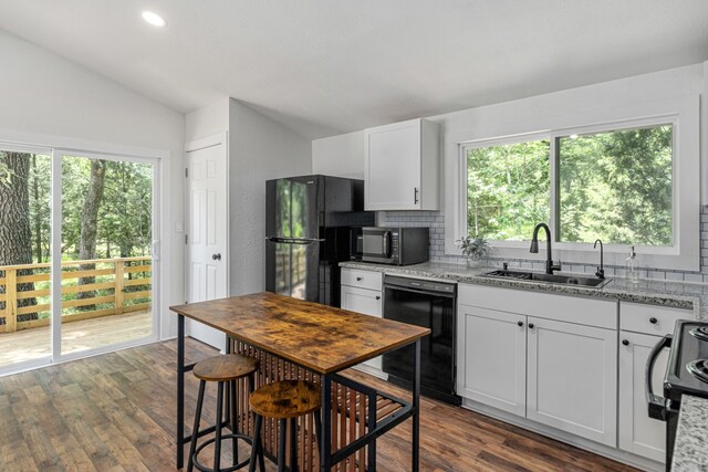 110 Fawn Trl, Mabank, TX 75156 - kitchen featuring black appliances, a sink, lofted ceiling, backsplash, and plenty of natural light