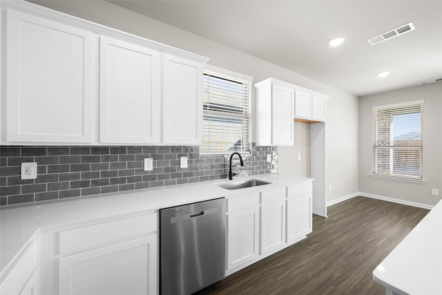 kitchen featuring white cabinetry, sink, dark hardwood / wood-style flooring, and stainless steel dishwasher